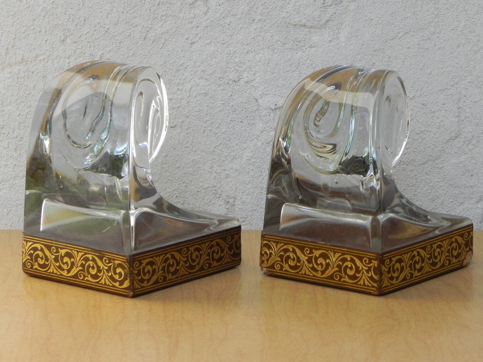 I Like Mike's Mid-Century Modern Accessories Glass Scroll Bookends With Good Embossed Leather Trim