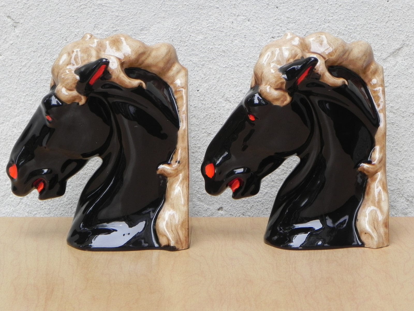 I Like Mike's Mid-Century Modern Accessories Glossy Black Ceramic Horse Head Bookends with Red Nostrils
