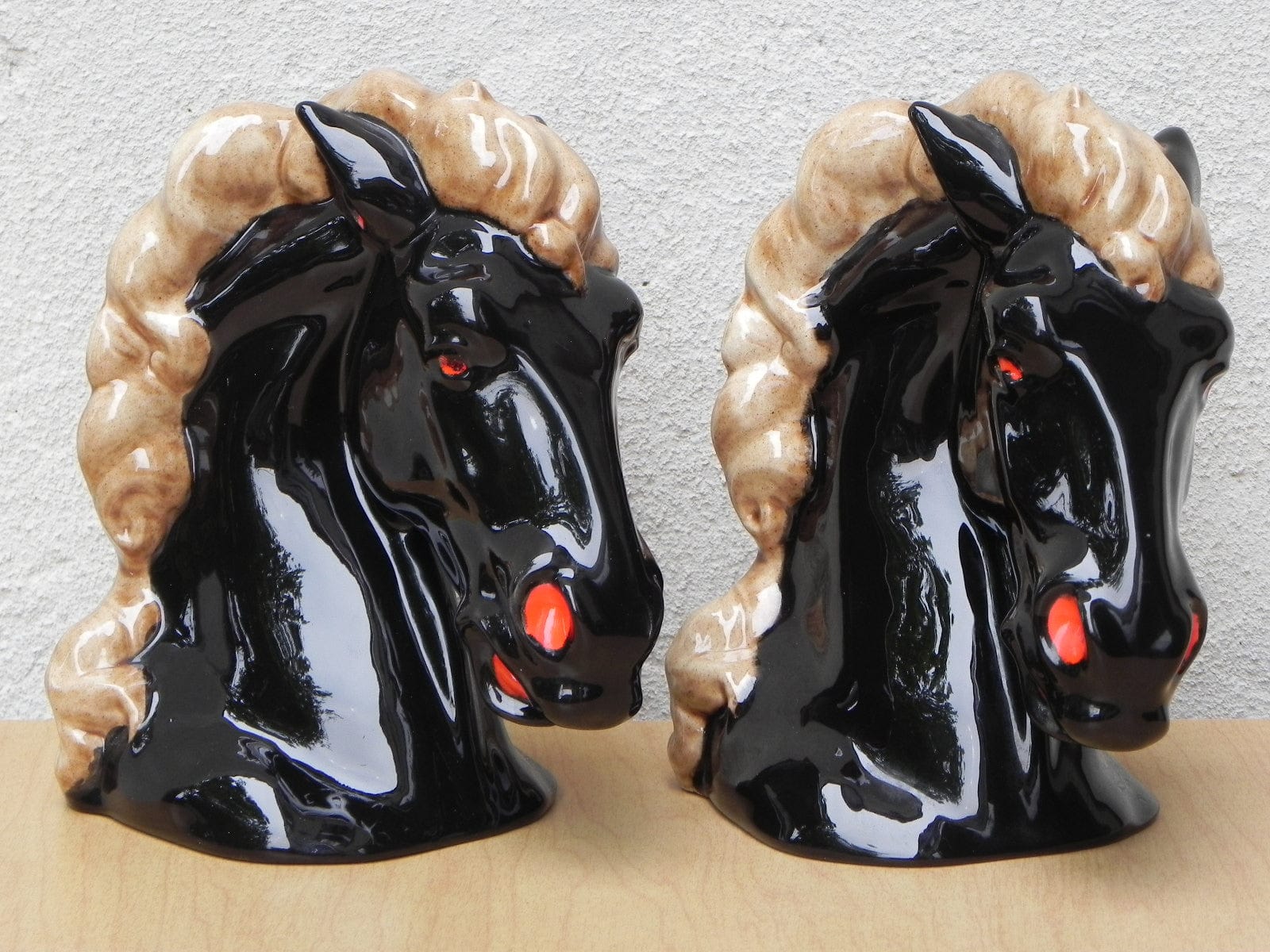 I Like Mike's Mid-Century Modern Accessories Glossy Black Ceramic Horse Head Bookends with Red Nostrils