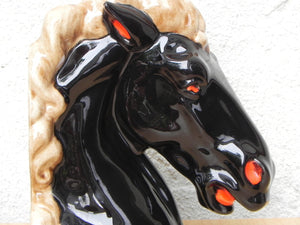 I Like Mike's Mid-Century Modern Accessories Glossy Black Ceramic Horse Head Bookends with Red Nostrils