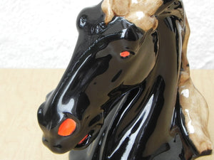 I Like Mike's Mid-Century Modern Accessories Glossy Black Ceramic Horse Head Bookends with Red Nostrils