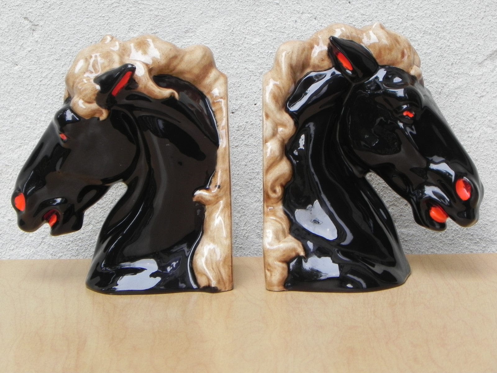 I Like Mike's Mid-Century Modern Accessories Glossy Black Ceramic Horse Head Bookends with Red Nostrils