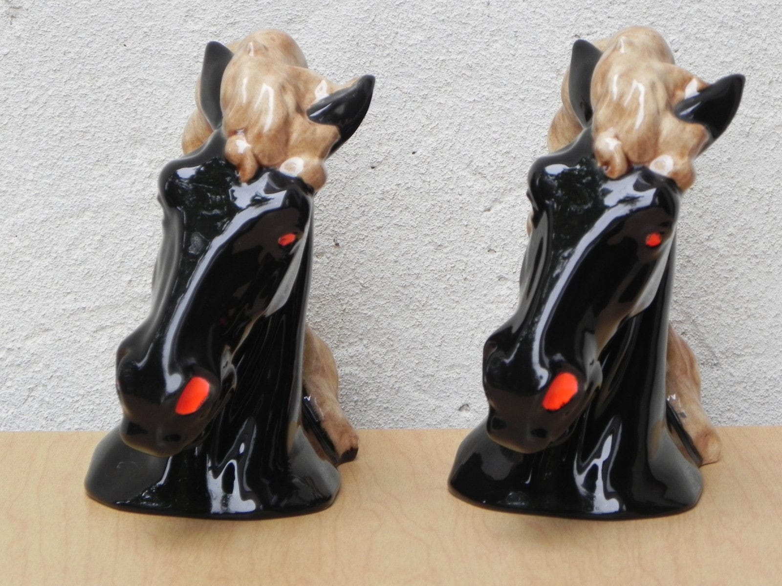 I Like Mike's Mid-Century Modern Accessories Glossy Black Ceramic Horse Head Bookends with Red Nostrils