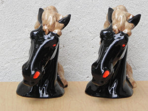 I Like Mike's Mid-Century Modern Accessories Glossy Black Ceramic Horse Head Bookends with Red Nostrils