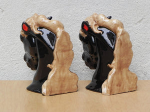 I Like Mike's Mid-Century Modern Accessories Glossy Black Ceramic Horse Head Bookends with Red Nostrils