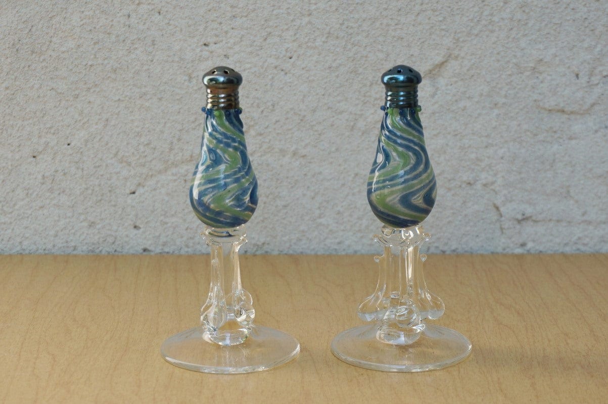 I Like Mike's Mid Century Modern Accessories Handblown Glass Green Blue Swirl Salt & Pepper Shakers