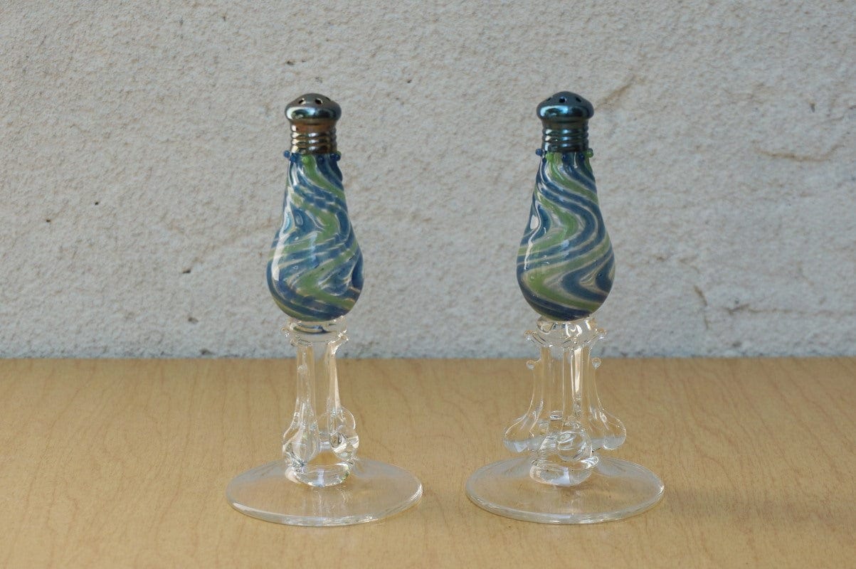 I Like Mike's Mid Century Modern Accessories Handblown Glass Green Blue Swirl Salt & Pepper Shakers