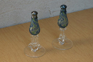 I Like Mike's Mid Century Modern Accessories Handblown Glass Green Blue Swirl Salt & Pepper Shakers
