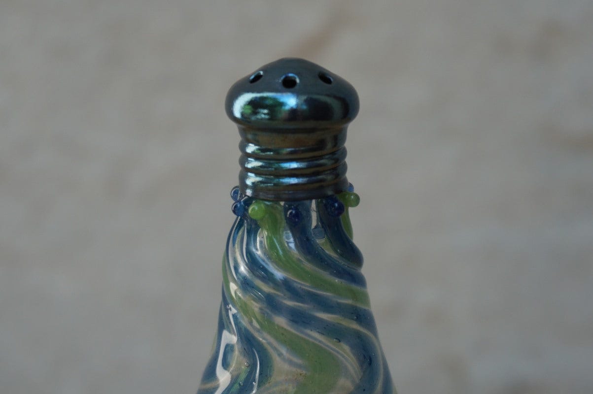 I Like Mike's Mid Century Modern Accessories Handblown Glass Green Blue Swirl Salt & Pepper Shakers