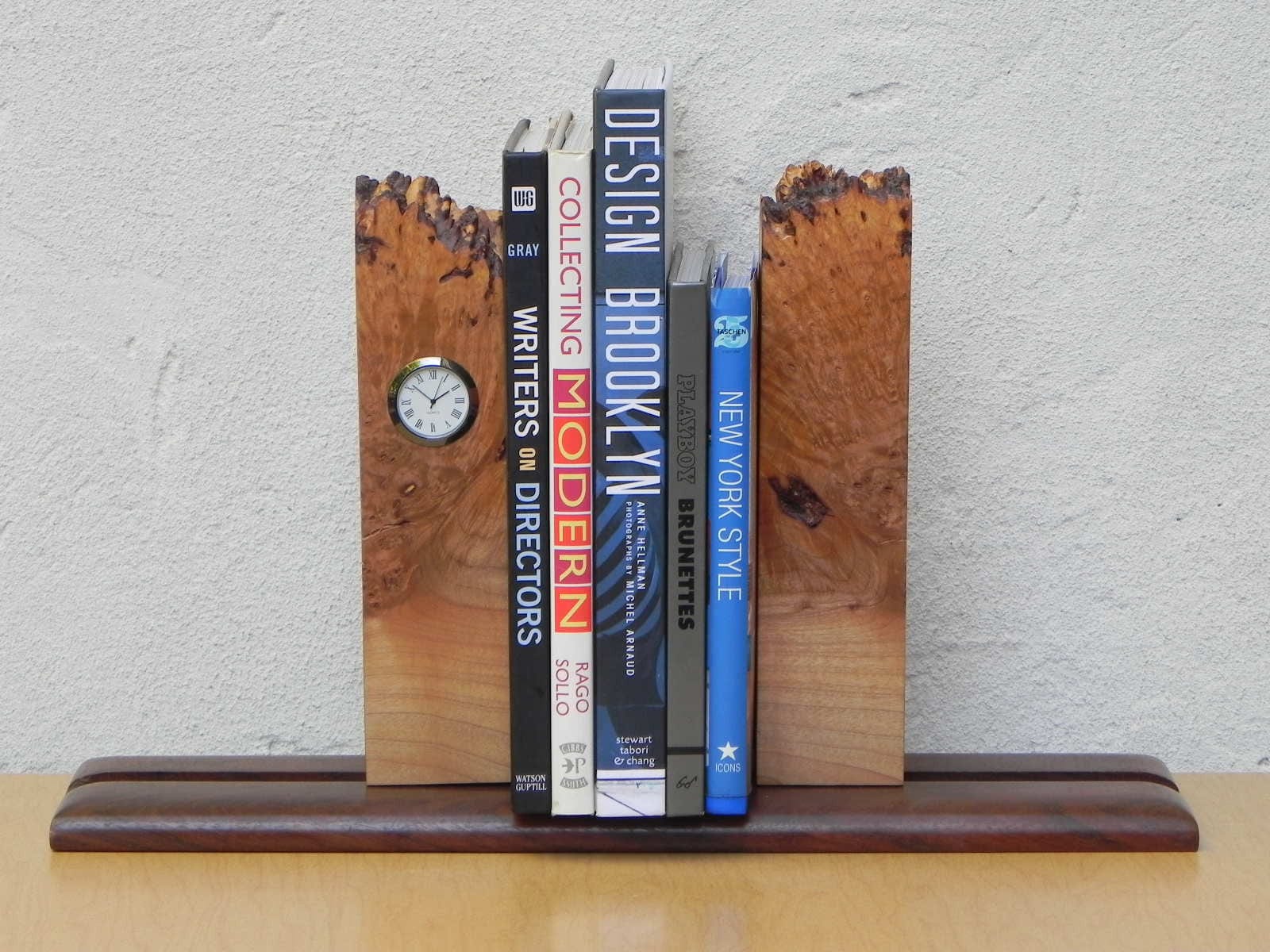 I Like Mike's Mid-Century Modern Accessories Michael Elkan Burled Maple Natural Edge Bookend Clock, Artisan Desktop Set