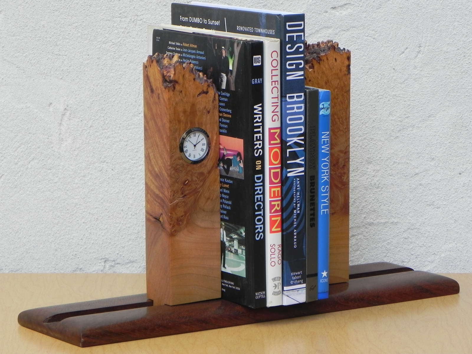 I Like Mike's Mid-Century Modern Accessories Michael Elkan Burled Maple Natural Edge Bookend Clock, Artisan Desktop Set