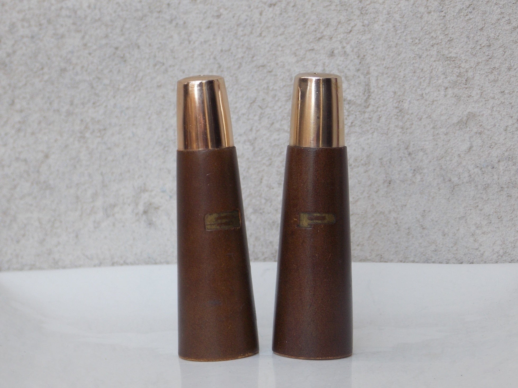 I Like Mike's Mid Century Modern Accessories Mid Century Brown Gold Salt & Pepper Shakers, Wood, Made in Japan