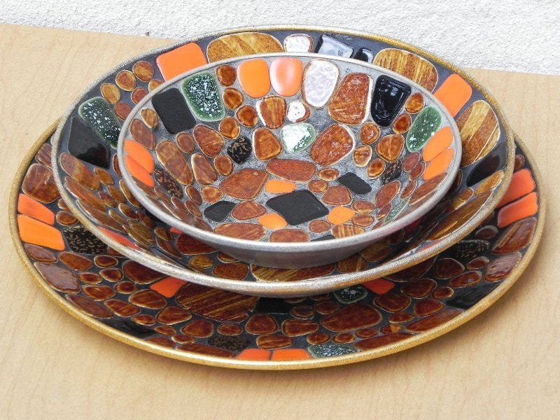 I Like Mike's Mid Century Modern Accessories Mosaic Bowl & Plate Set, Decorative Japanise River Stones in Orange, Brown, Black