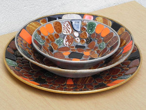I Like Mike's Mid Century Modern Accessories Mosaic Bowl & Plate Set, Decorative Japanise River Stones in Orange, Brown, Black