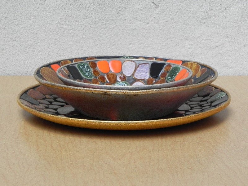 I Like Mike's Mid Century Modern Accessories Mosaic Bowl & Plate Set, Decorative Japanise River Stones in Orange, Brown, Black