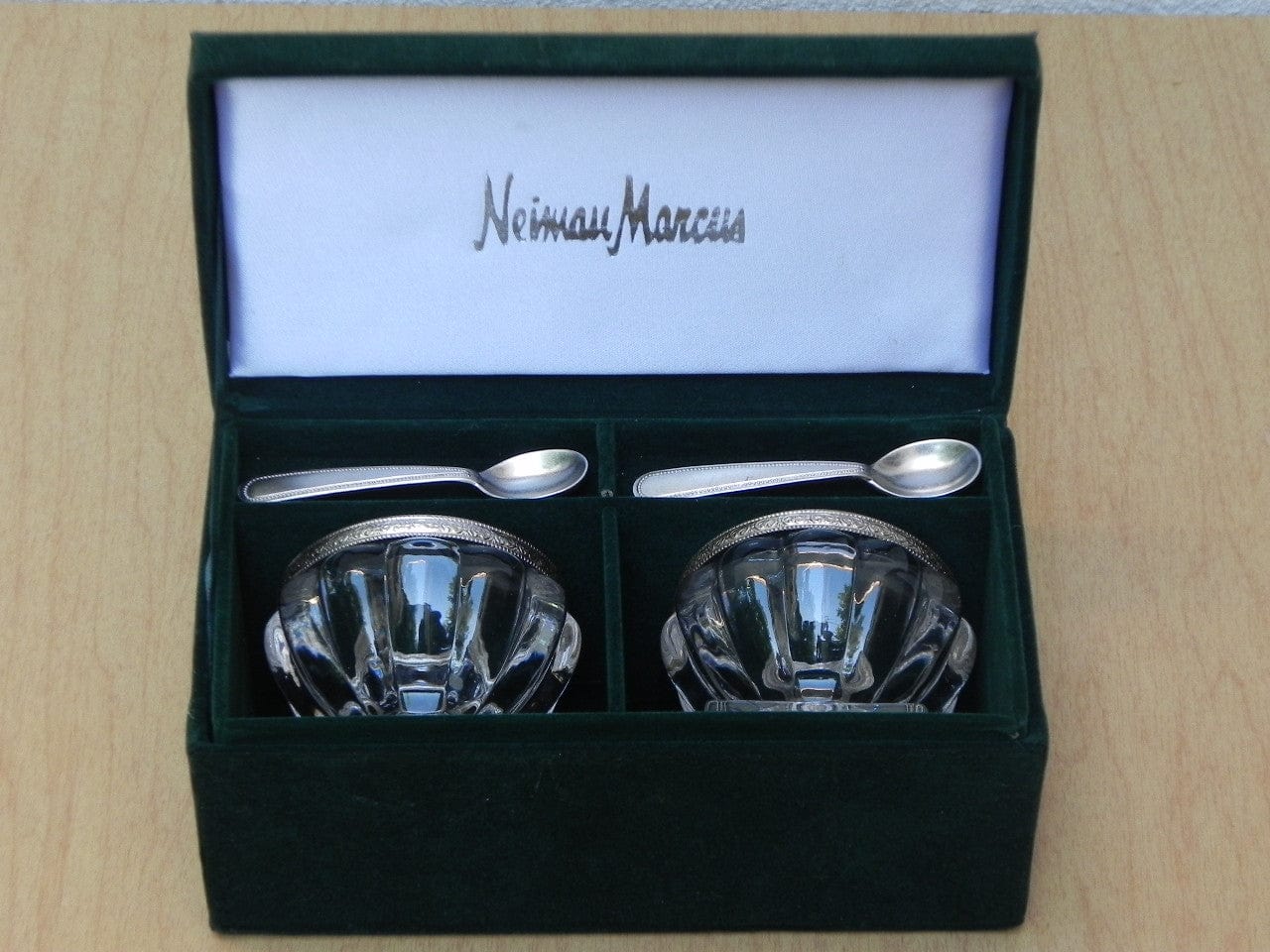 I Like Mike's Mid Century Modern Accessories Pair Crystal Salt Cellar Bowls with Spoons by Godinger for Neiman Marcus