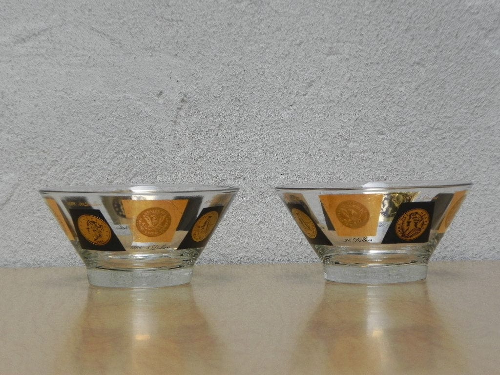 I Like Mike's Mid Century Modern Accessories Pair Gold Black Coin Small Glass Serving Bowls