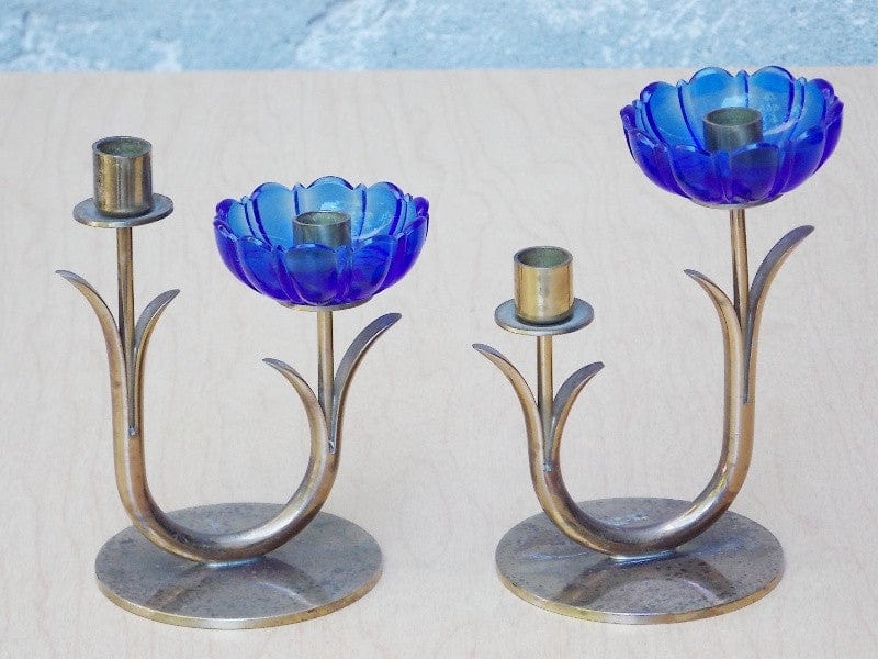 I Like Mike's Mid-Century Modern Accessories Pair Ystad Metall Blue Glass Flower Brass 2 Candle Holders