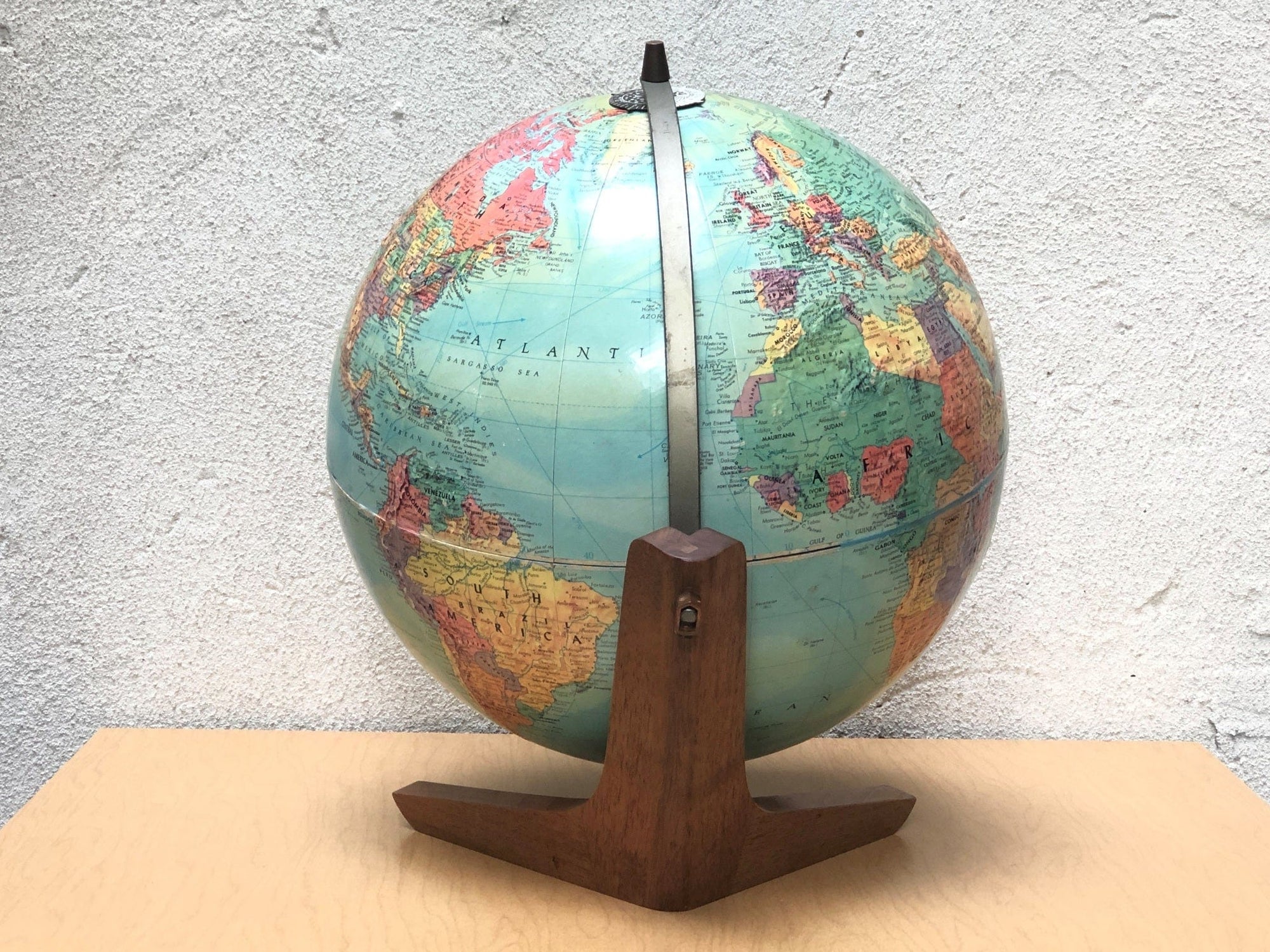 I Like Mike's Mid Century Modern Accessories Replogle Sterio Relief 12" Globe on Danish Modern Wood Stand, Raised Geography, Circa 1970