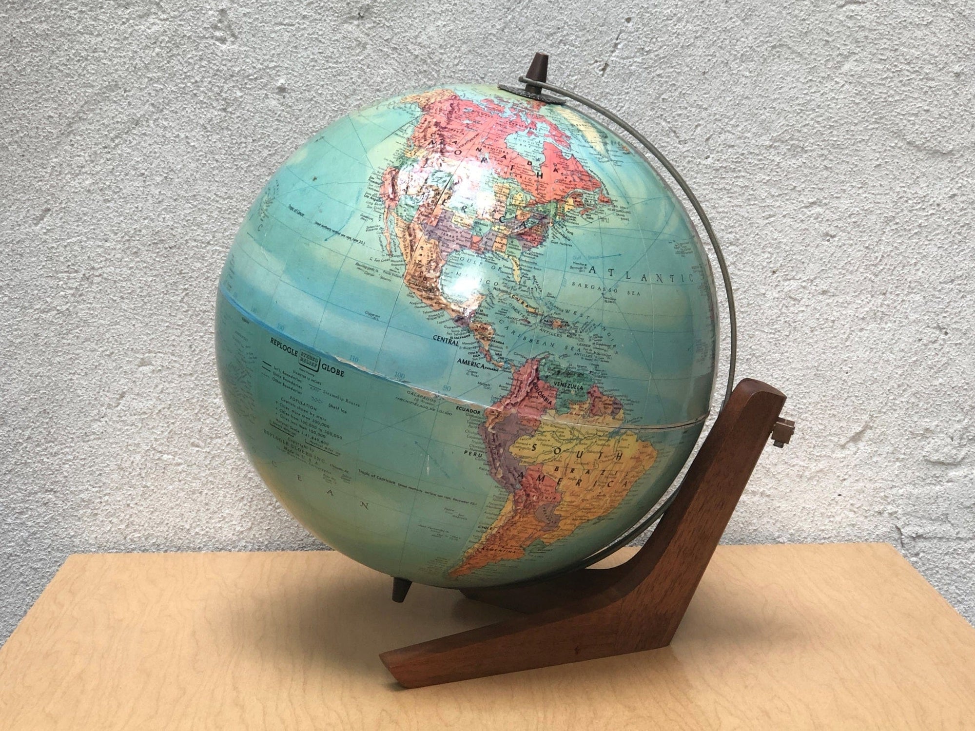 I Like Mike's Mid Century Modern Accessories Replogle Sterio Relief 12" Globe on Danish Modern Wood Stand, Raised Geography, Circa 1970