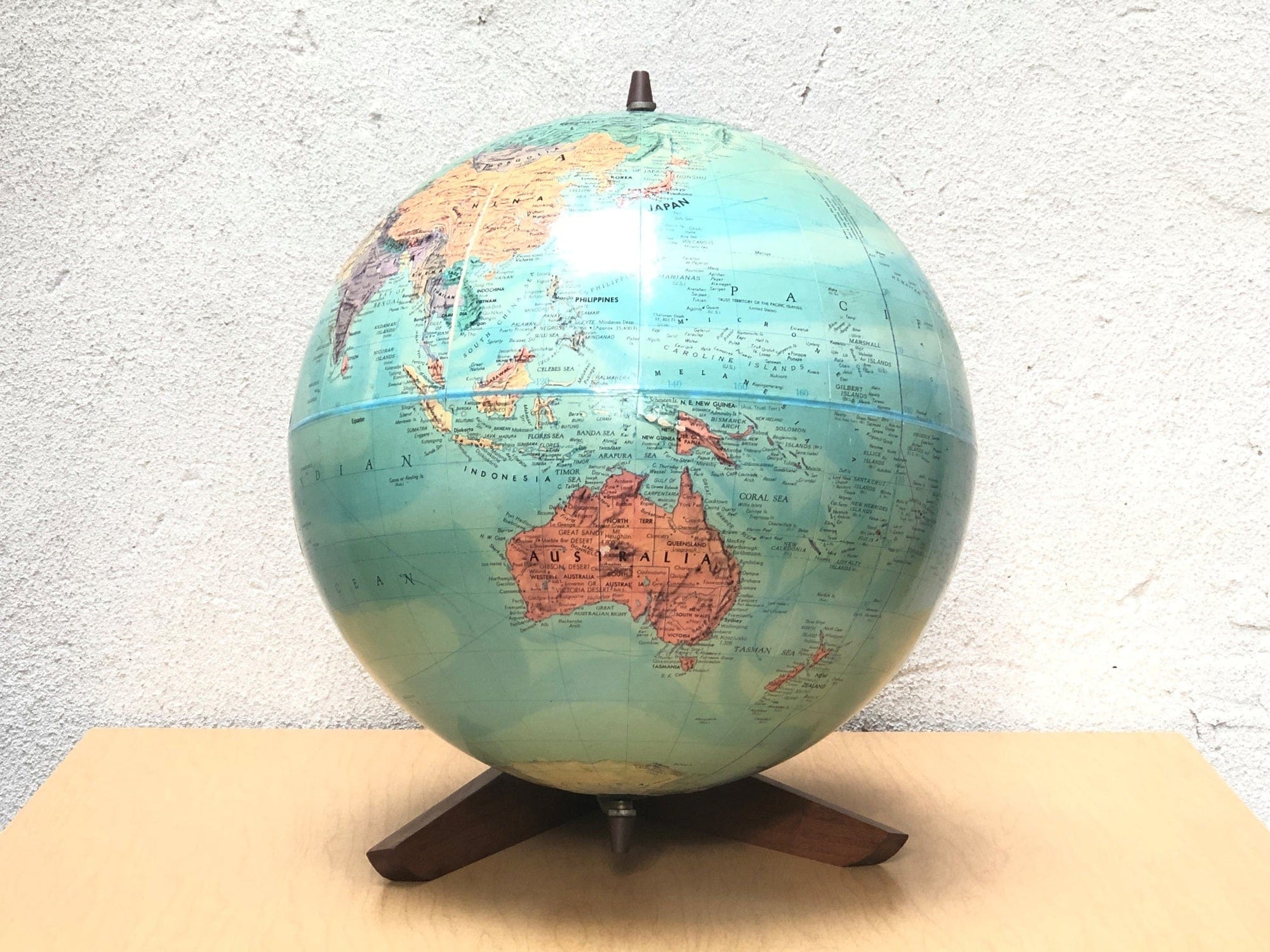 I Like Mike's Mid Century Modern Accessories Replogle Sterio Relief 12" Globe on Danish Modern Wood Stand, Raised Geography, Circa 1970
