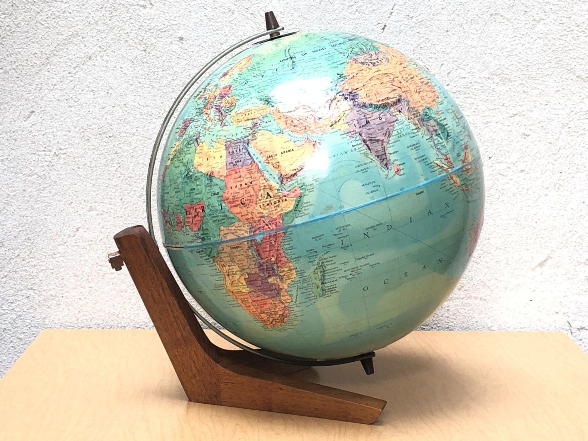 I Like Mike's Mid Century Modern Accessories Replogle Sterio Relief 12" Globe on Danish Modern Wood Stand, Raised Geography, Circa 1970