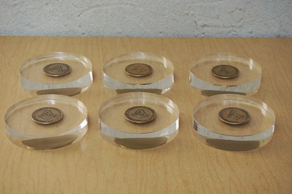 I Like Mike's Mid Century Modern Accessories Round Modern Lucite Brass Coaster Paperweight Arts & Crafts Lodge from Bloomington, Illinois