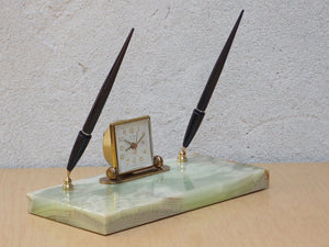 I Like Mike's Mid Century Modern Accessories Scottco Green Marble Desk Clock Two-Pen Pen Set