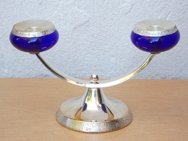 I Like Mike's Mid-Century Modern Accessories Silver Blue Glass Double Candle Holder