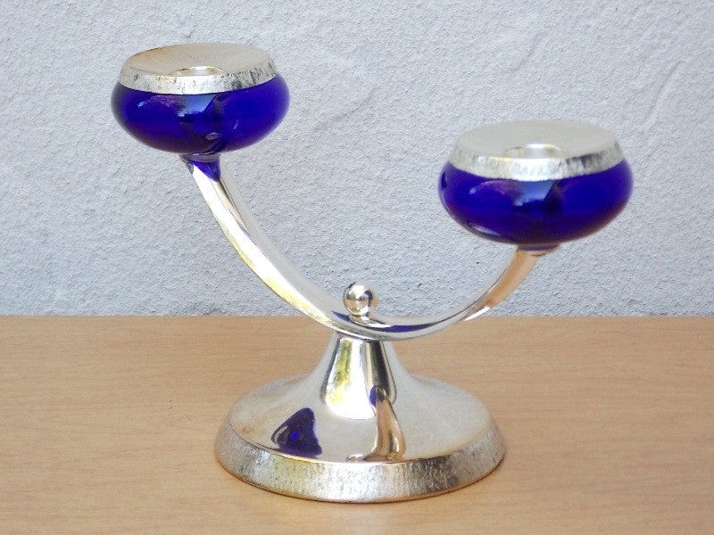 I Like Mike's Mid-Century Modern Accessories Silver Blue Glass Double Candle Holder