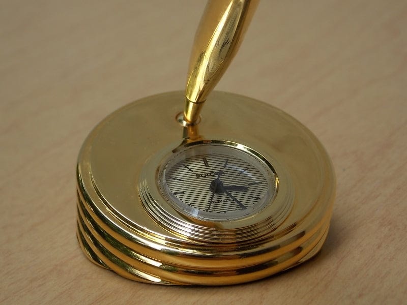 I Like Mike's Mid Century Modern Accessories Small Gold Bulova Pen Holder with Clock