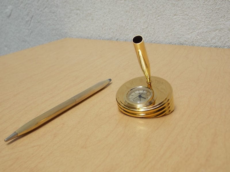 I Like Mike's Mid Century Modern Accessories Small Gold Bulova Pen Holder with Clock