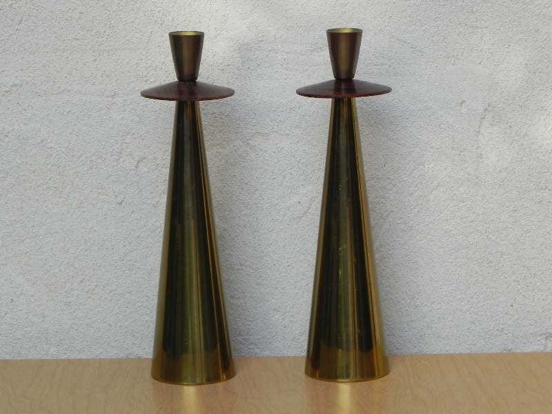 I Like Mike's Mid-Century Modern Accessories Tall Pair Italian Modern Brass Rosewood Cone Candlestick Holders