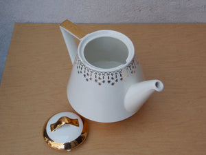 I Like Mike's Mid Century Modern Accessories Very Large White Gold Ceramic Tea or Coffee Pot with Atomic Stars, Flare-Ware