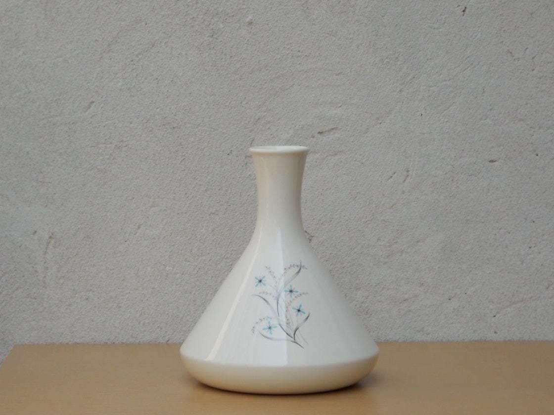 I Like Mike's Mid Century Modern Accessories White Ceramic Flask-Shaped 1950s Vase with Blue & Pink Flowers