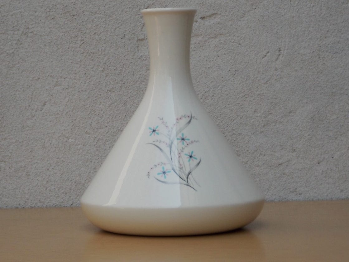 I Like Mike's Mid Century Modern Accessories White Ceramic Flask-Shaped 1950s Vase with Blue & Pink Flowers
