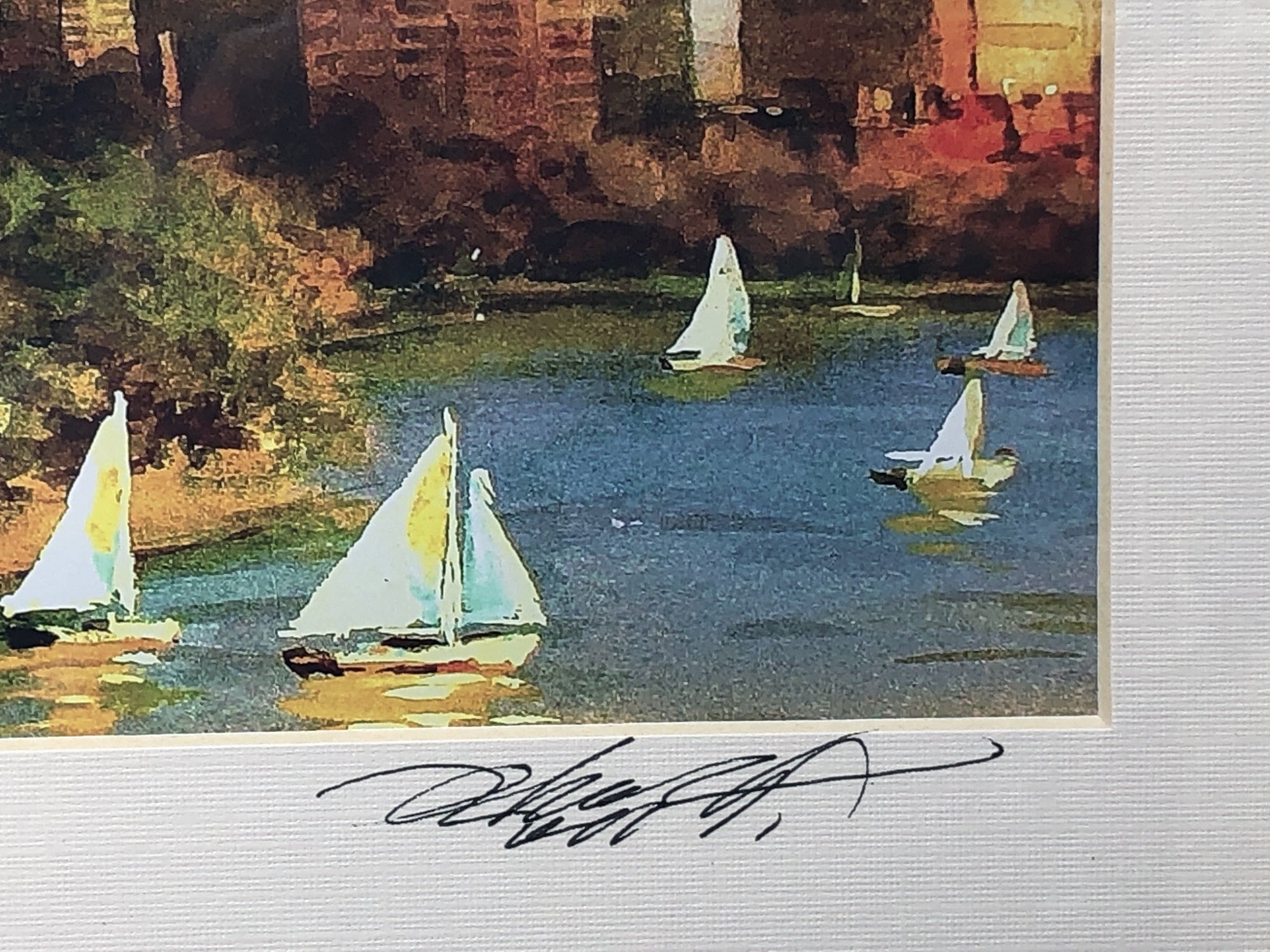 I Like Mike's Mid Century Modern Artwork Framed Watercolor Print, Sailboats in Boston Back Bay, Signed on Matt