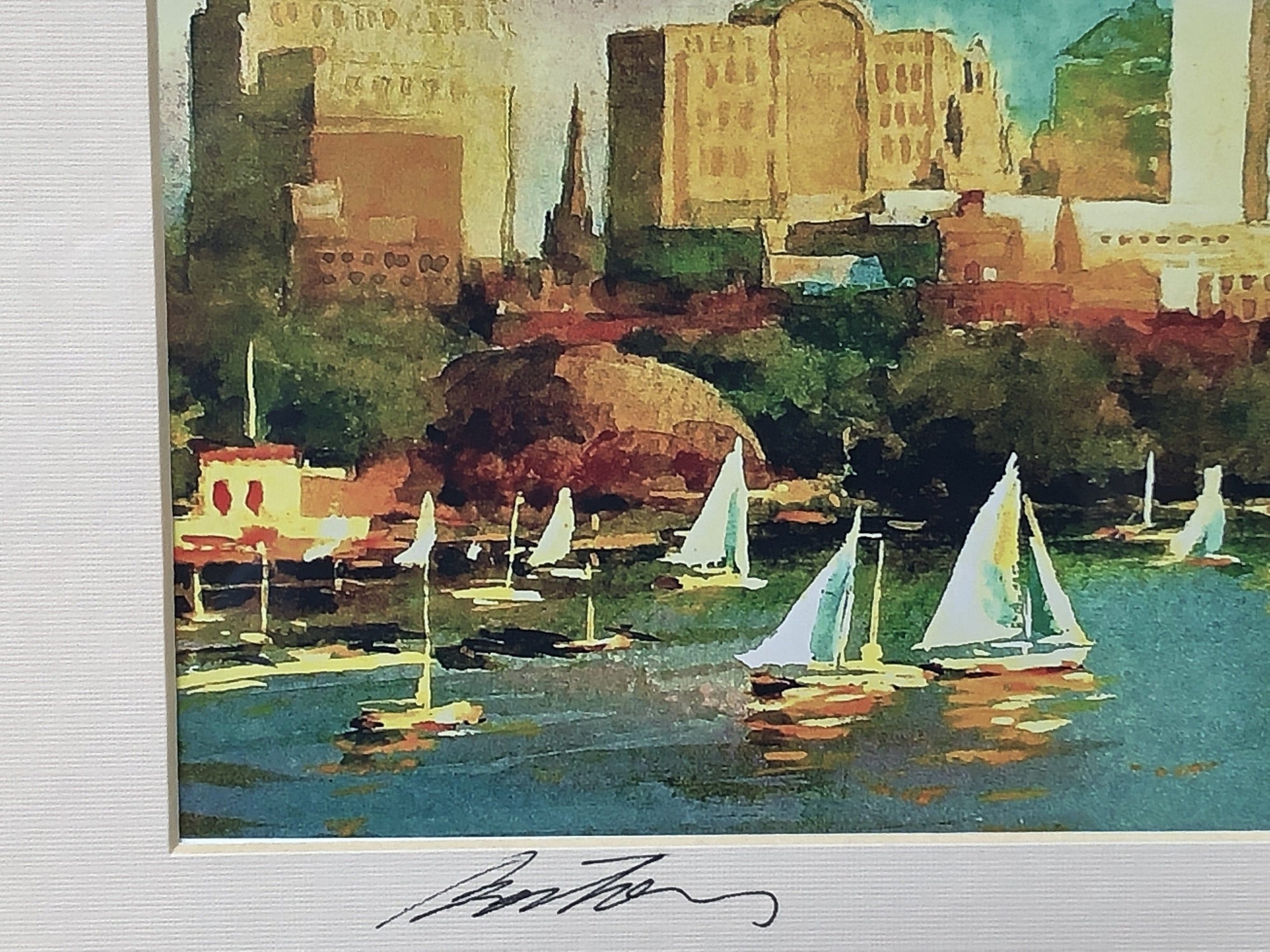 I Like Mike's Mid Century Modern Artwork Framed Watercolor Print, Sailboats in Boston Back Bay, Signed on Matt