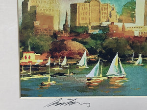 I Like Mike's Mid Century Modern Artwork Framed Watercolor Print, Sailboats in Boston Back Bay, Signed on Matt