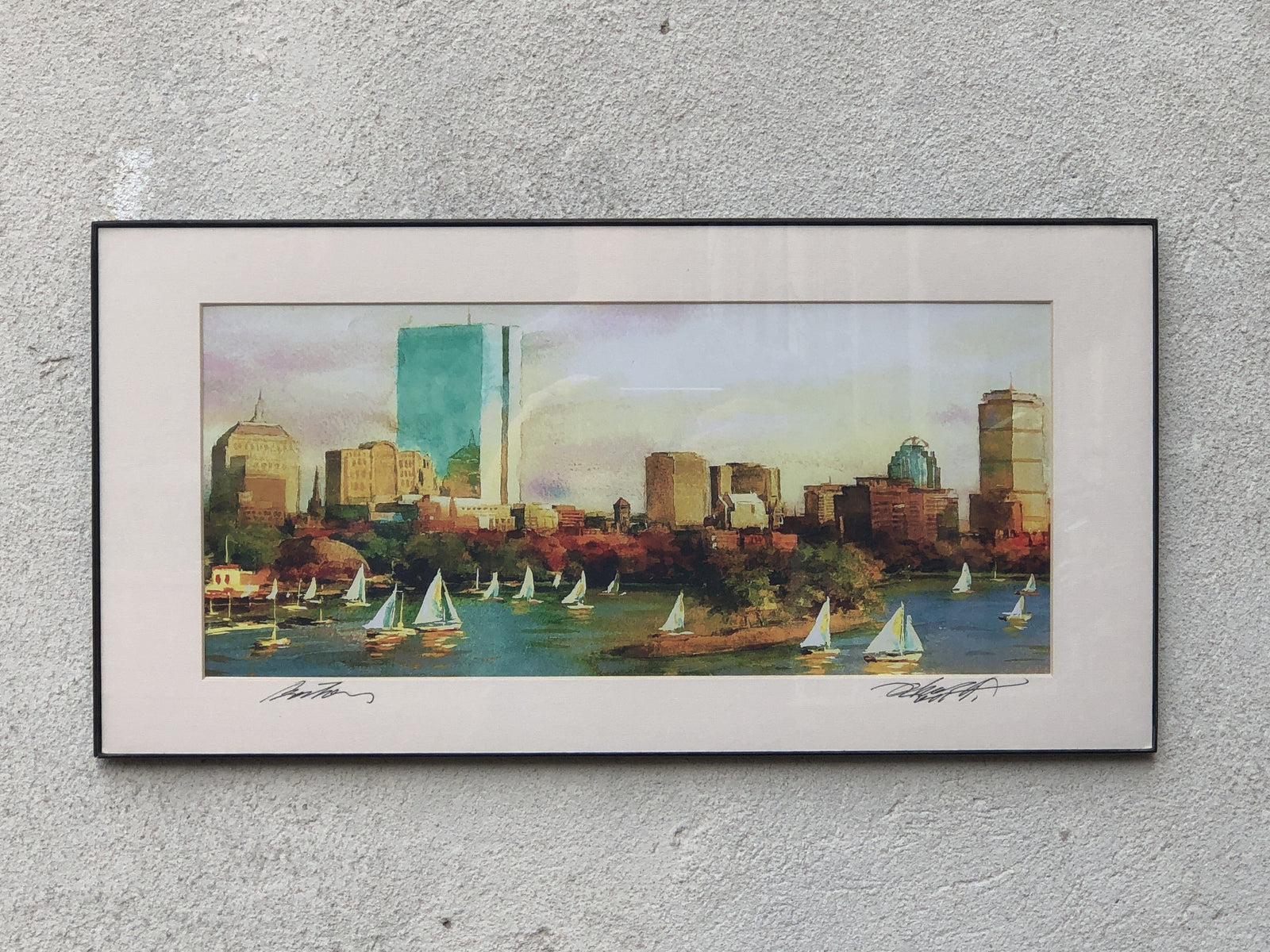 I Like Mike's Mid Century Modern Artwork Framed Watercolor Print, Sailboats in Boston Back Bay, Signed on Matt