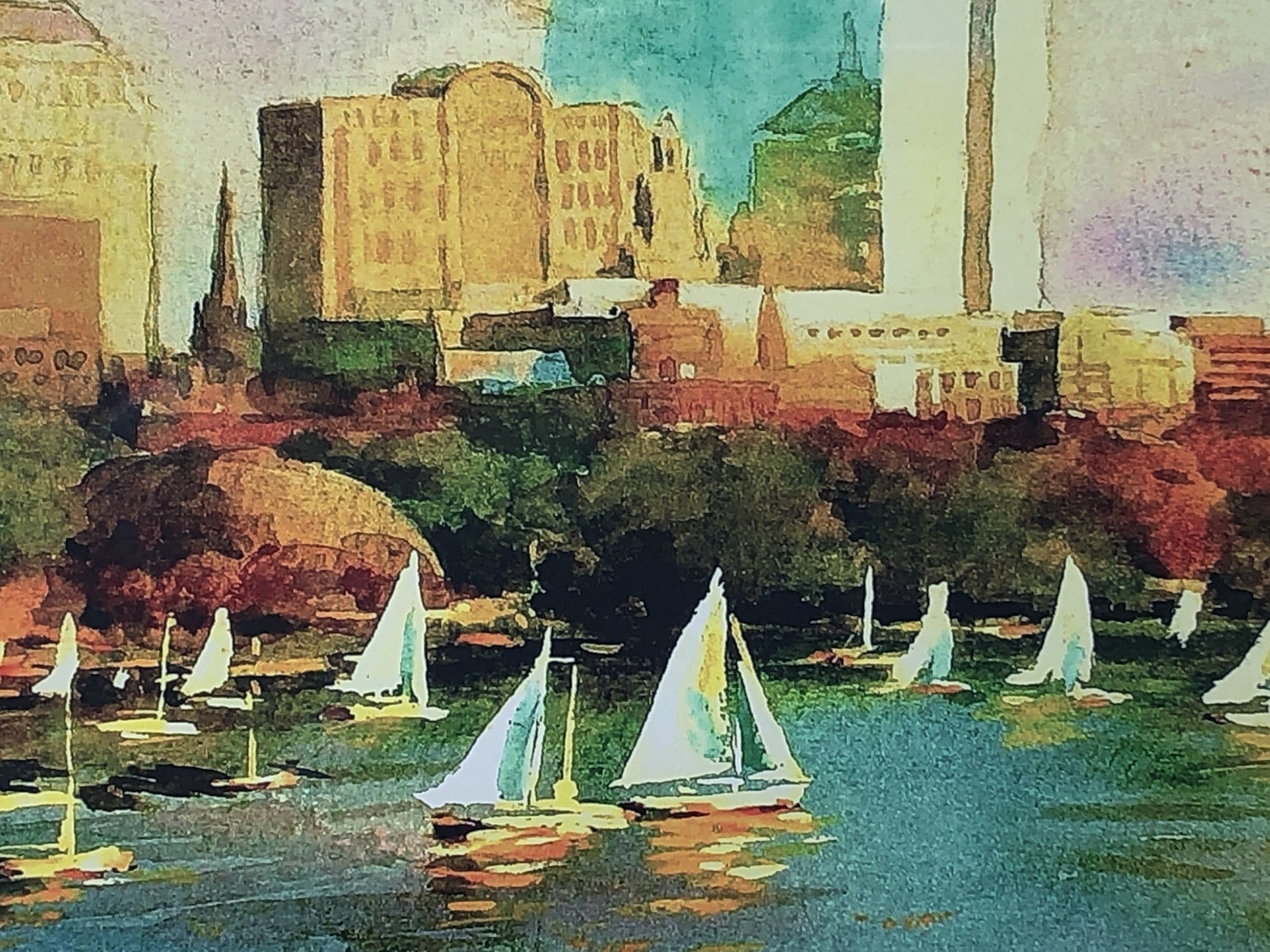 I Like Mike's Mid Century Modern Artwork Framed Watercolor Print, Sailboats in Boston Back Bay, Signed on Matt
