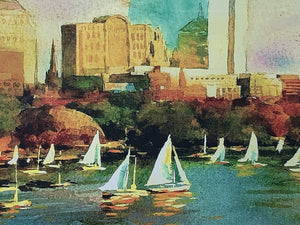 I Like Mike's Mid Century Modern Artwork Framed Watercolor Print, Sailboats in Boston Back Bay, Signed on Matt