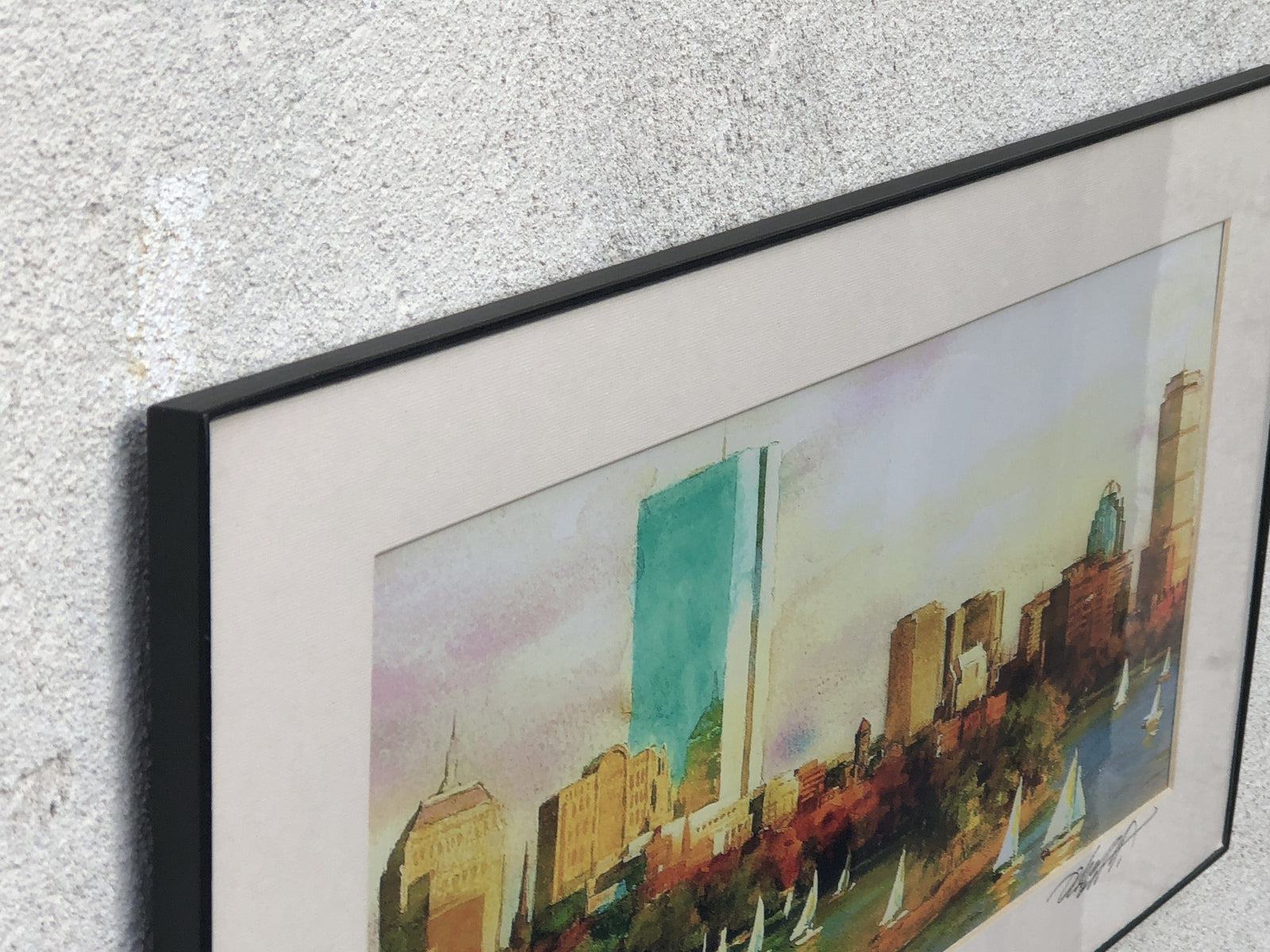 I Like Mike's Mid Century Modern Artwork Framed Watercolor Print, Sailboats in Boston Back Bay, Signed on Matt