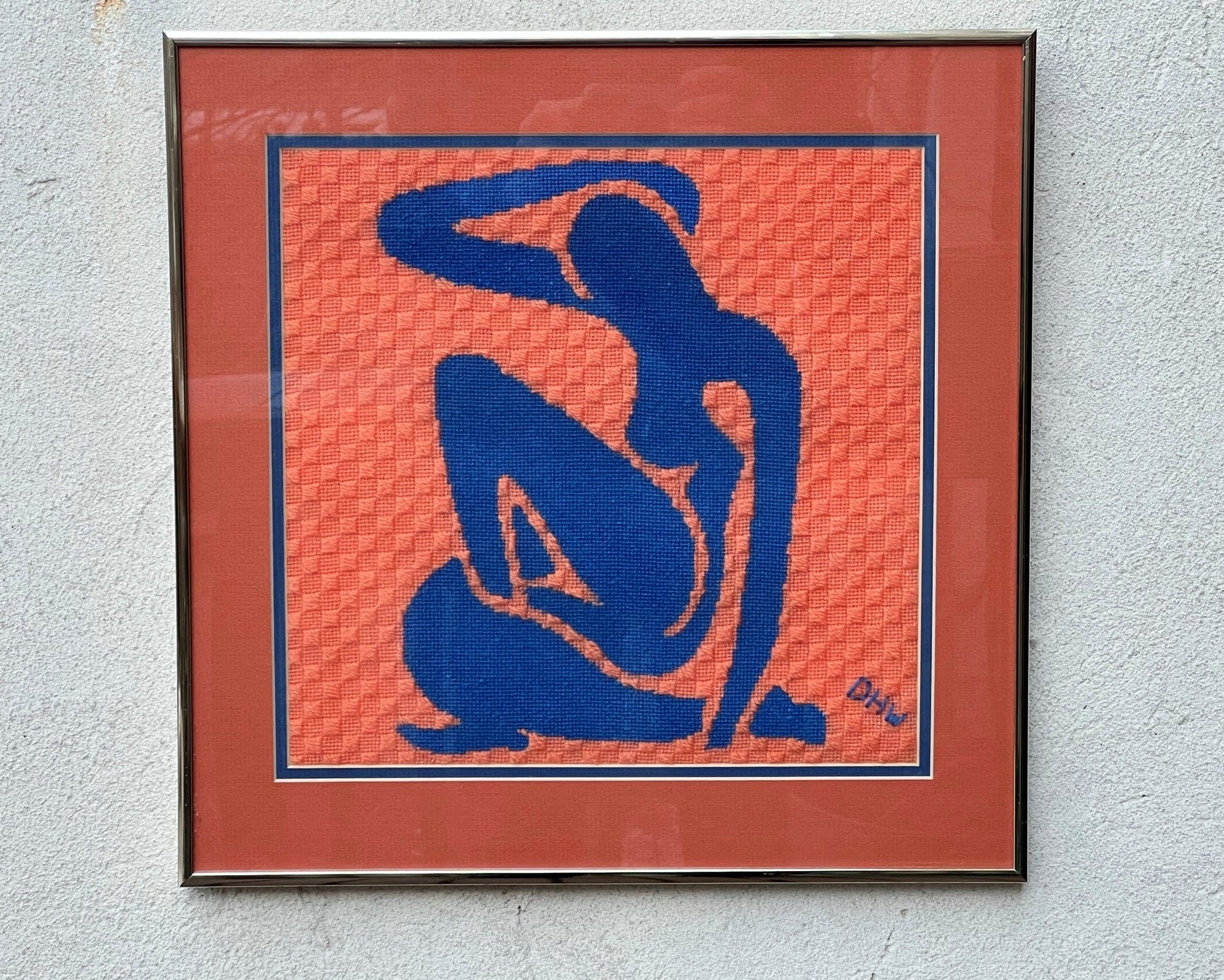 I Like Mike's Mid Century Modern Artwork Matisse Blue Nude in Orange Blue Needlepoint, Framed