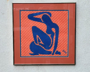 I Like Mike's Mid Century Modern Artwork Matisse Blue Nude in Orange Blue Needlepoint, Framed