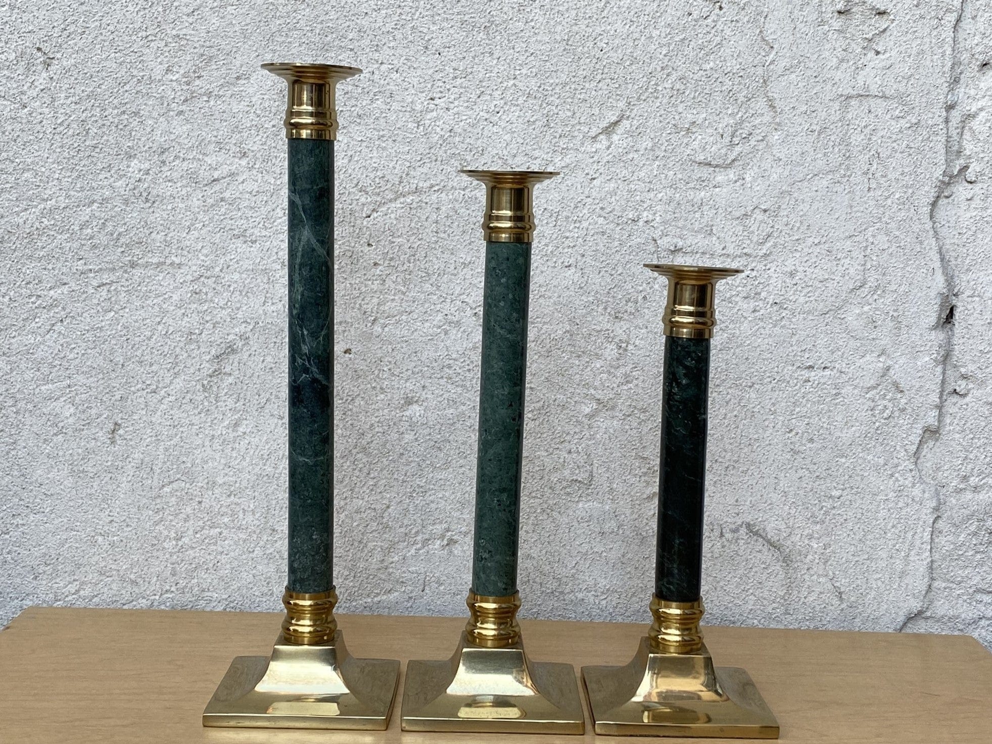 I Like Mike's Mid Century Modern Candle Holders Green Marble Brass Candle Stick Holders, Set of Three