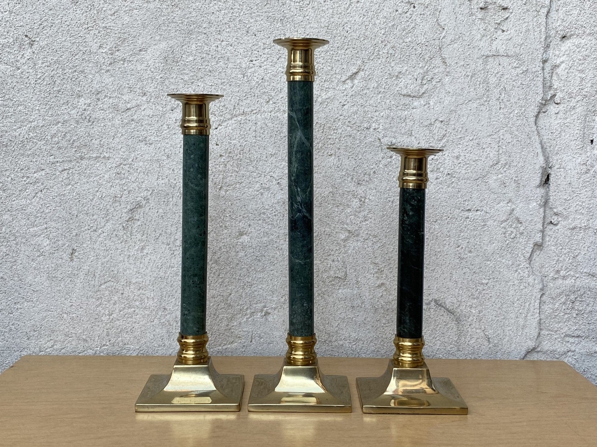 I Like Mike's Mid Century Modern Candle Holders Green Marble Brass Candle Stick Holders, Set of Three