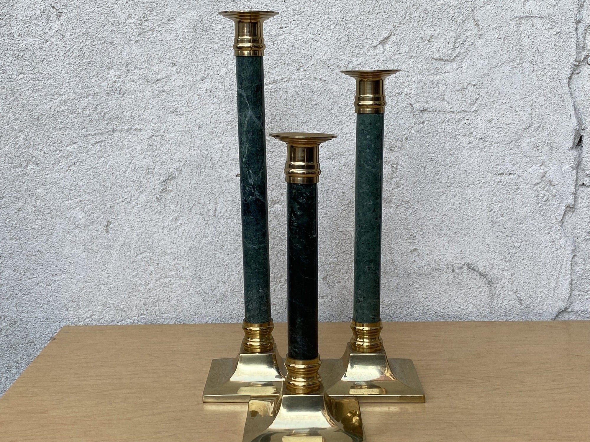 I Like Mike's Mid Century Modern Candle Holders Green Marble Brass Candle Stick Holders, Set of Three