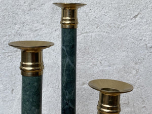 I Like Mike's Mid Century Modern Candle Holders Green Marble Brass Candle Stick Holders, Set of Three