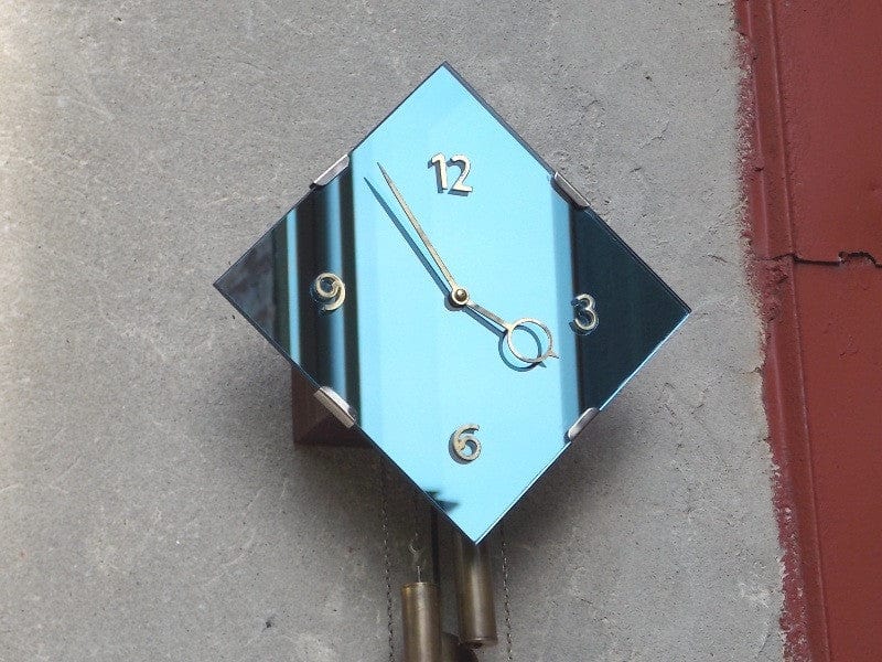 I Like Mike's Mid-Century Modern Clock Art Deco Blue Mirror Pendulum Wall Clock, German, Weight Driven